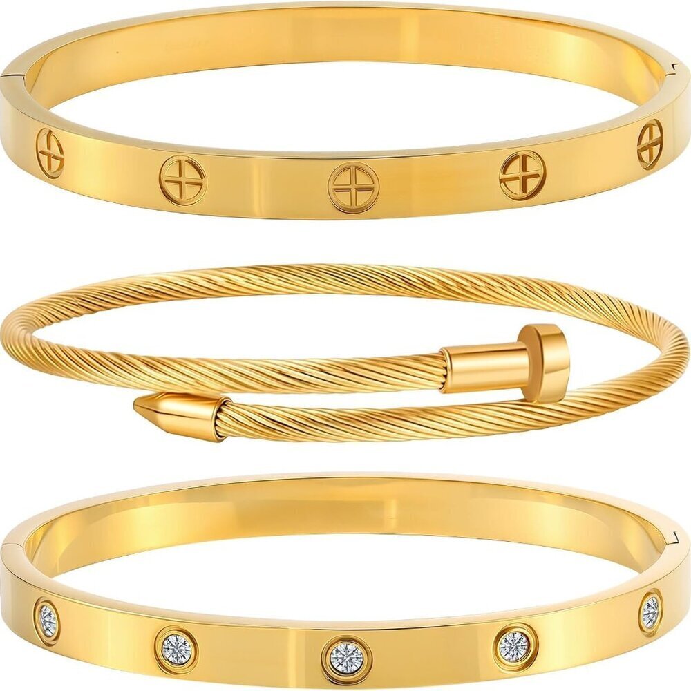 Gold Stainless Steel Stackable Bangles with Crystals for Women Jewelry Gift